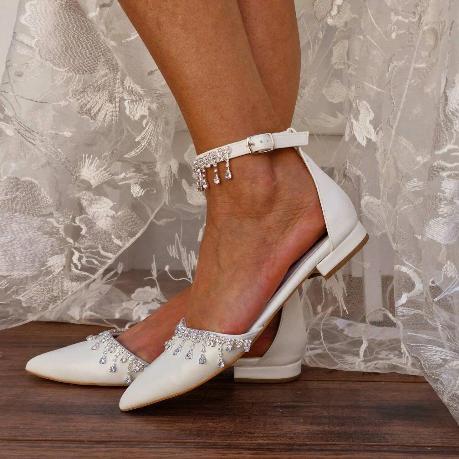 White Crystal Ankle Strap Pointy Flat Shoes 708270132734 - COCOMELODY