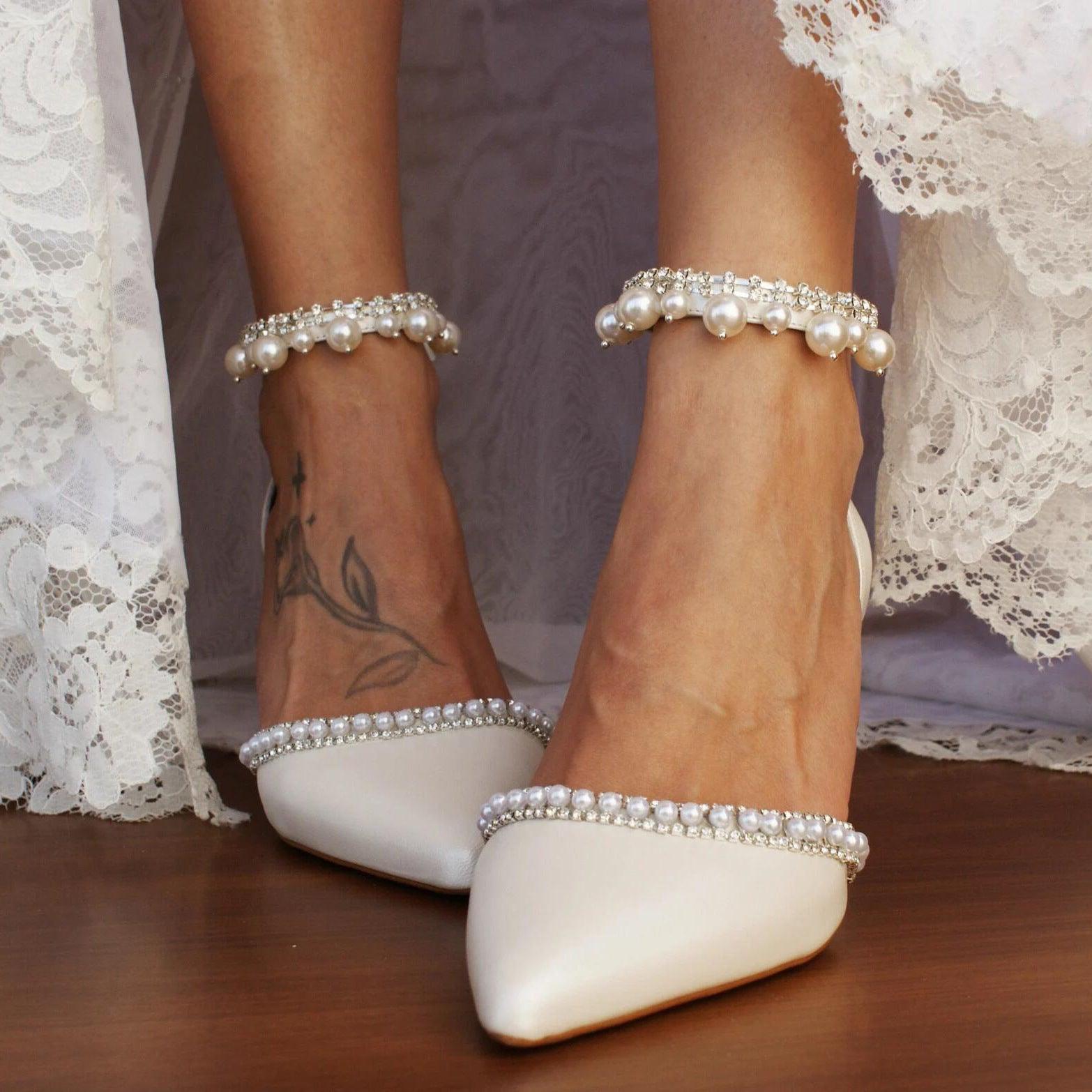 White Pearl Ankle Strap Pointy Block Heels 709119829327 - COCOMELODY