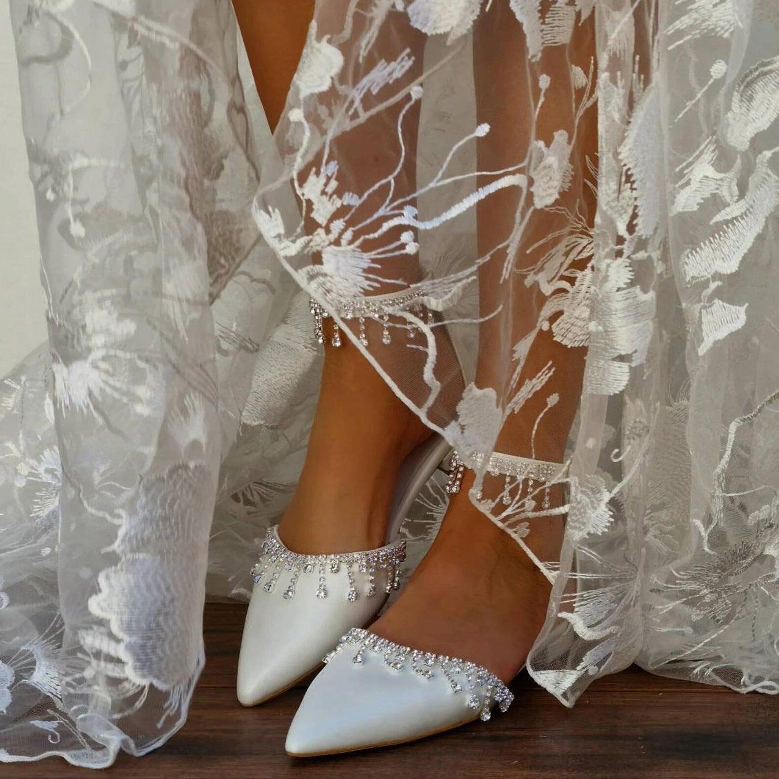 White Crystal Ankle Strap Pointy Flat Shoes 708270132734 - COCOMELODY