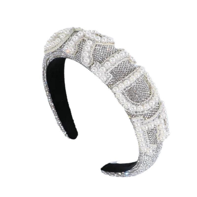 Bride flat silver rhinestone pearl headband 798647845828 - COCOMELODY
