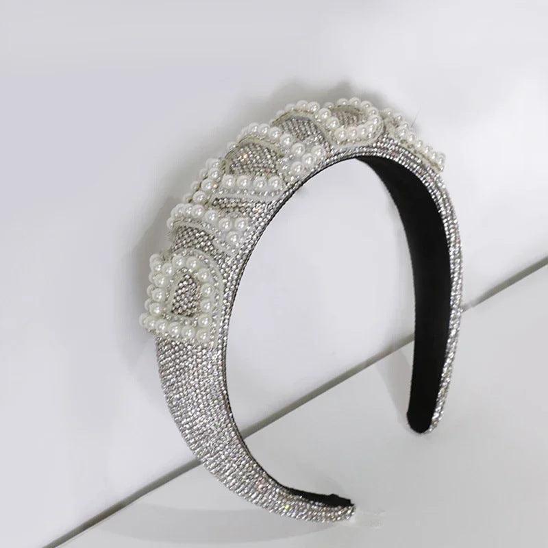 Bride flat silver rhinestone pearl headband 798647845828 - COCOMELODY