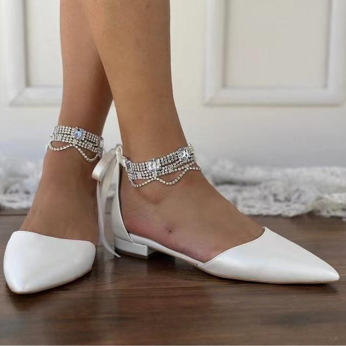 White Rhinestone Ankle Strap Pointy Flat Shoes 738090030997 - COCOMELODY