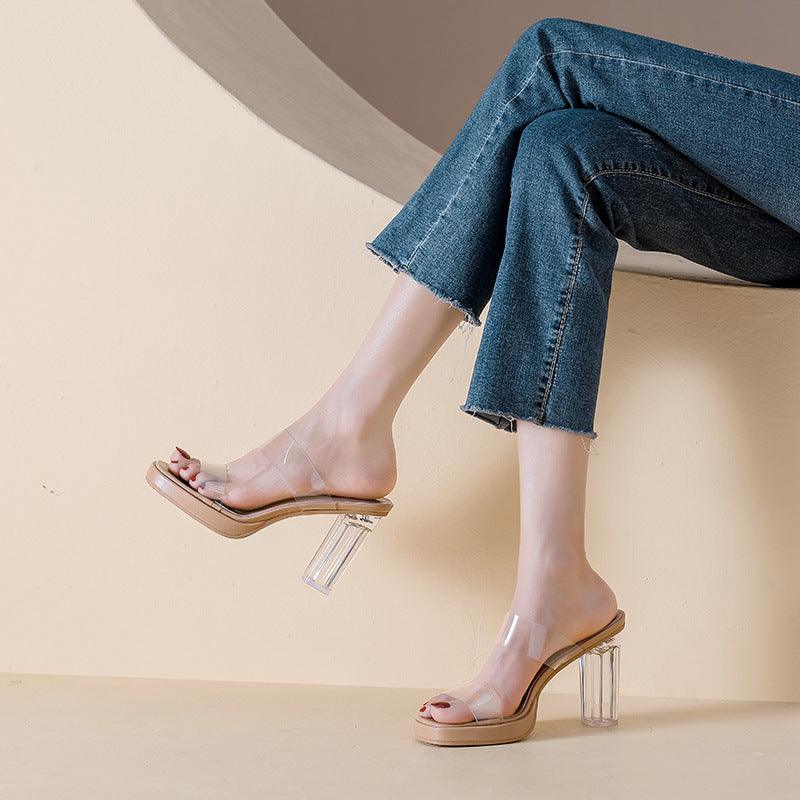 Round Crystal Block Heel Sandals 717951821802 - COCOMELODY