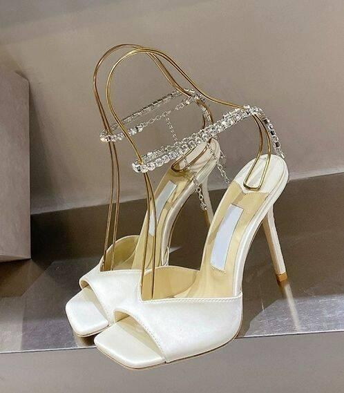 Glitter and Rhinestone Ankle Strap Square Stiletto Heels 695399992506 - COCOMELODY