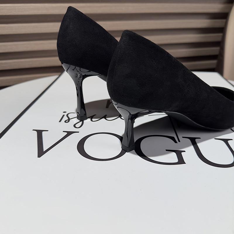 Black Suede Rhinestone Bowknot Pointy Stiletto Heels 770222542136 - COCOMELODY