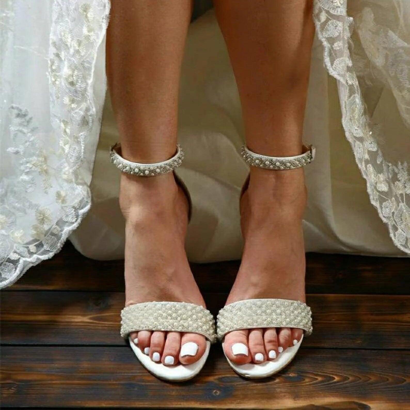 White Pearl Ankle Strap Round Block Heel Sandals 708036540906 - COCOMELODY