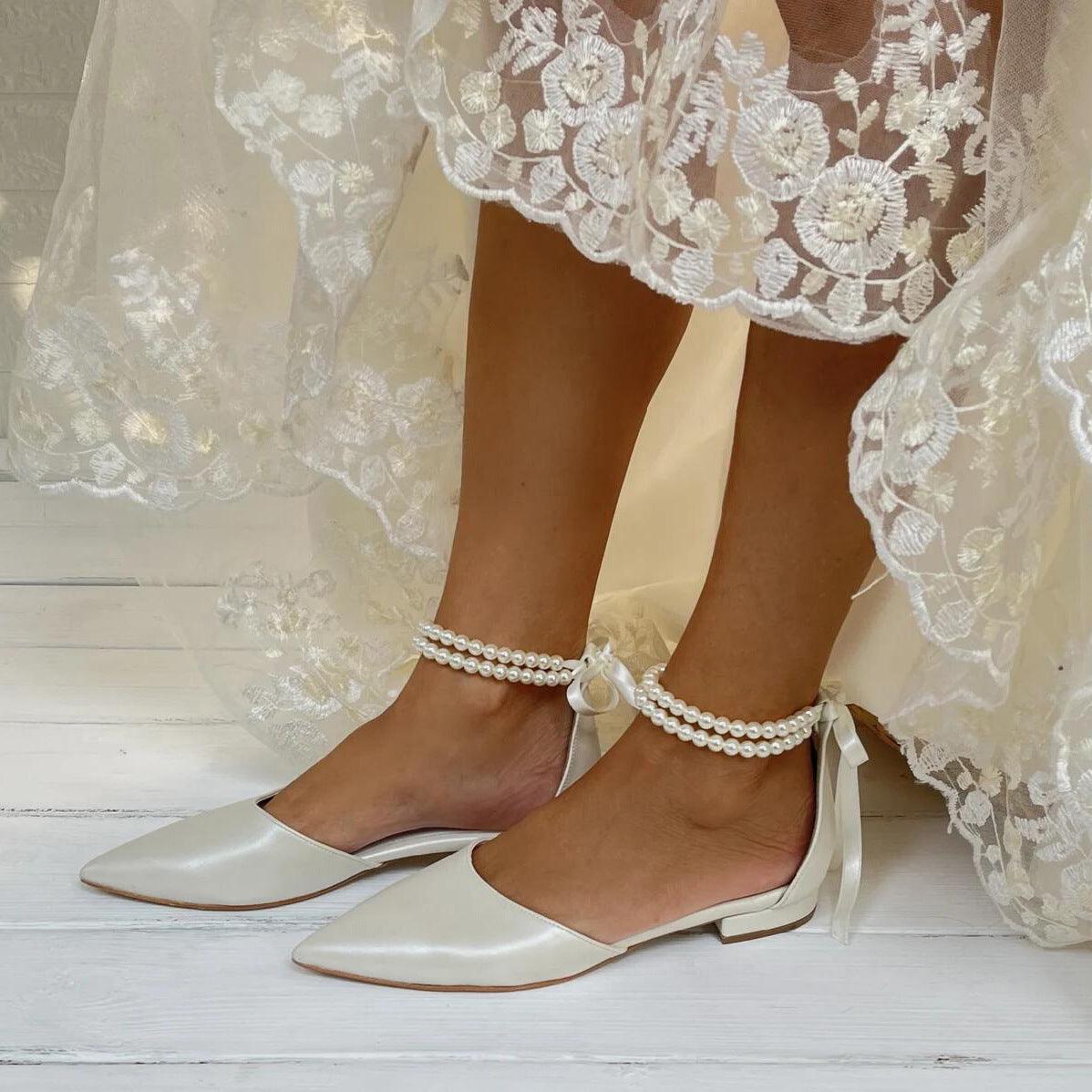 White pearl Ankle Strap Pointy Flat Shoes 708546617778 - COCOMELODY