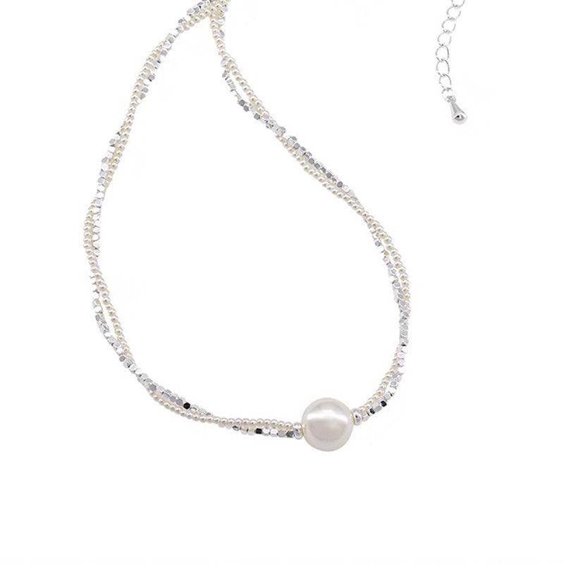 Shredded silver pearl double necklace choker 800772966486 - COCOMELODY