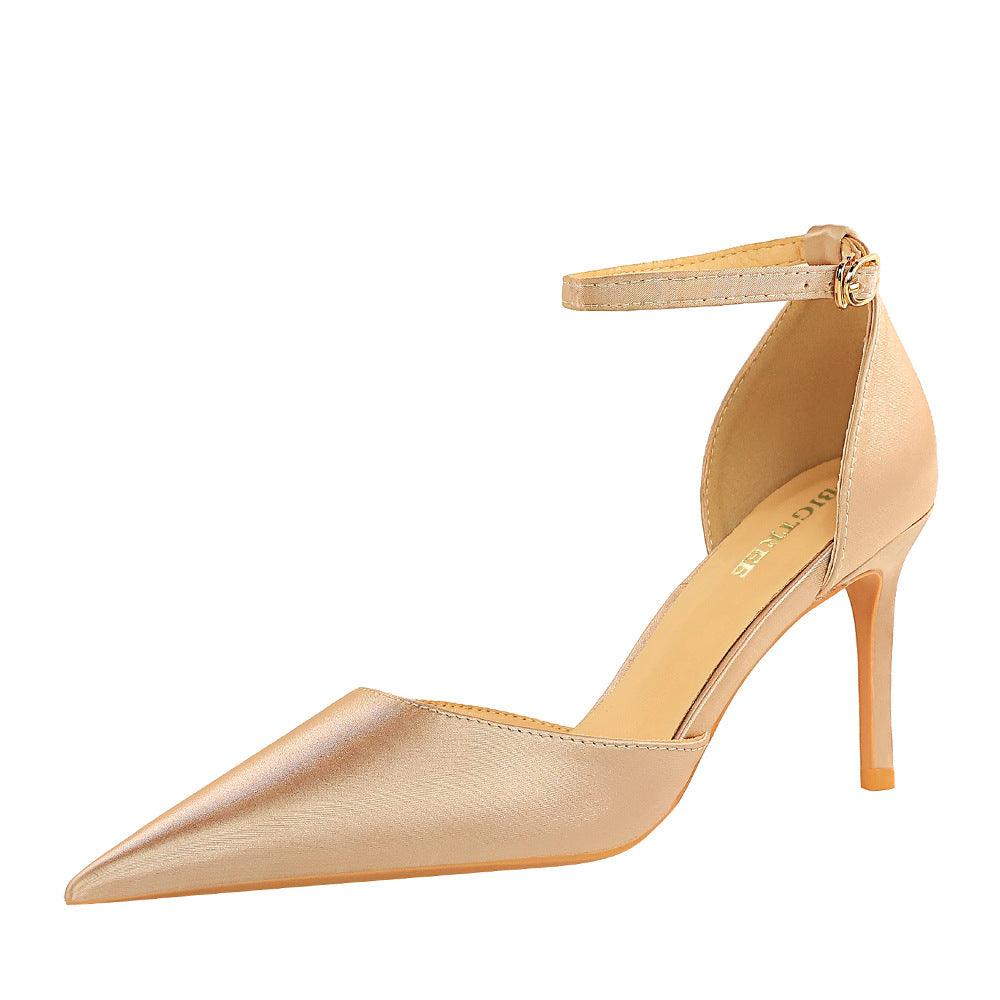 Champagne Satin Pointy Stiletto Heels 674228626275 - COCOMELODY