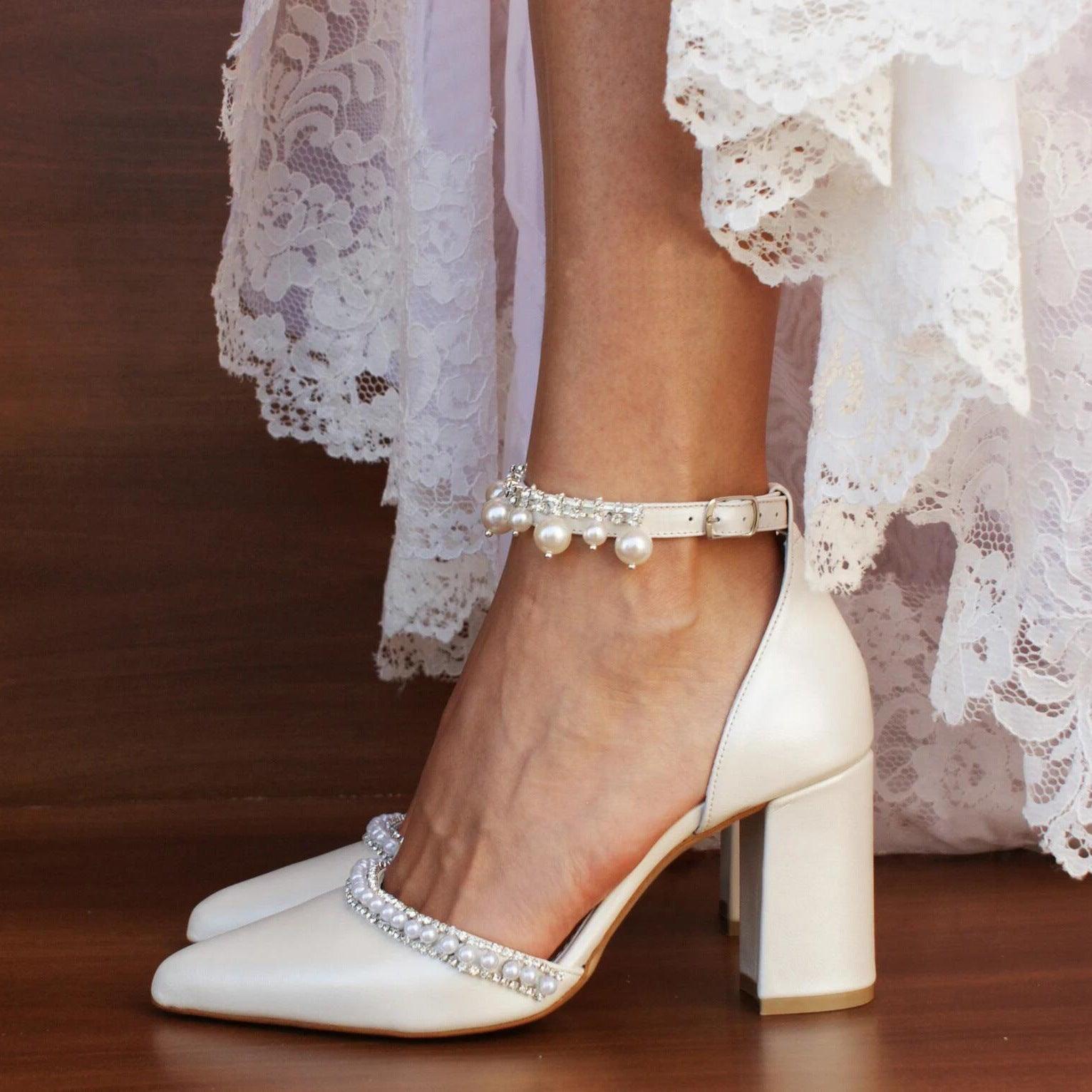 White Pearl Ankle Strap Pointy Block Heels 709119829327 - COCOMELODY
