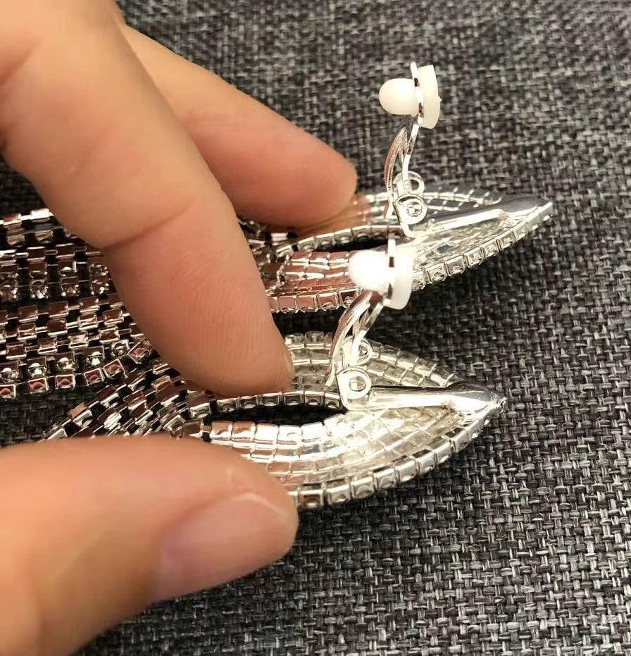 Design sense rhinestone long tassel drop earrings stud ear clips 731781713062 - COCOMELODY