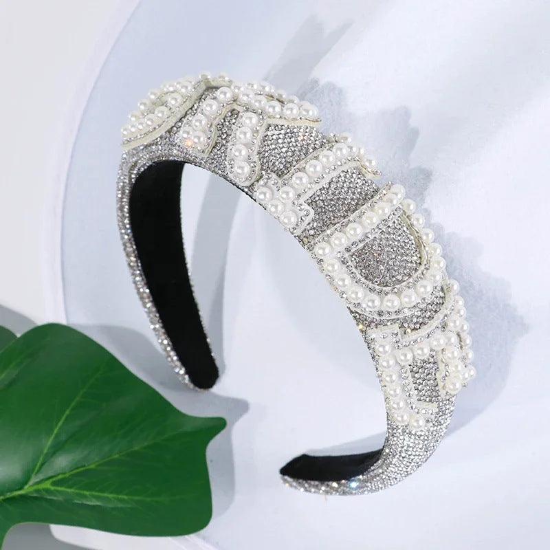 Bride flat silver rhinestone pearl headband 798647845828 - COCOMELODY