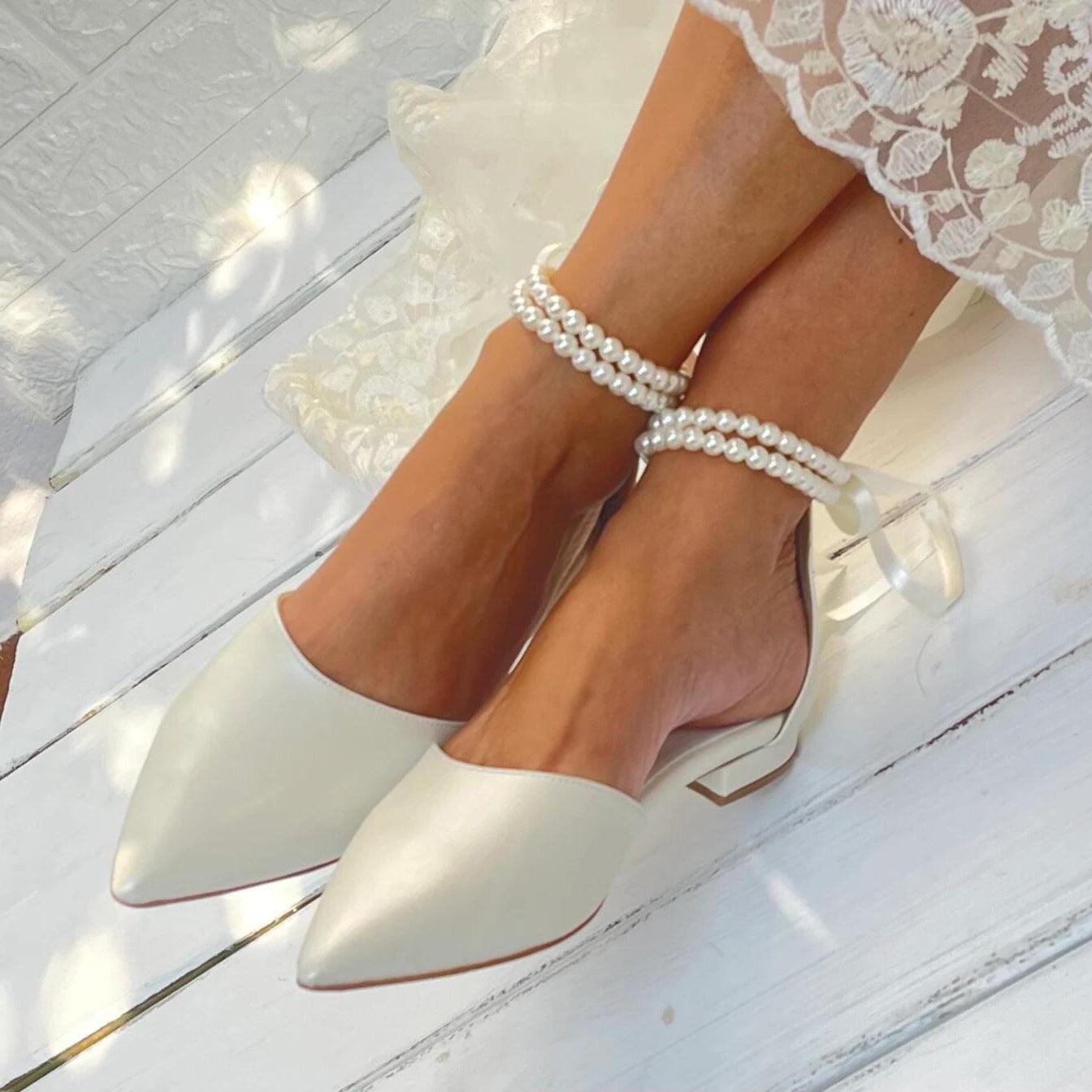 White pearl Ankle Strap Pointy Flat Shoes 708546617778 - COCOMELODY