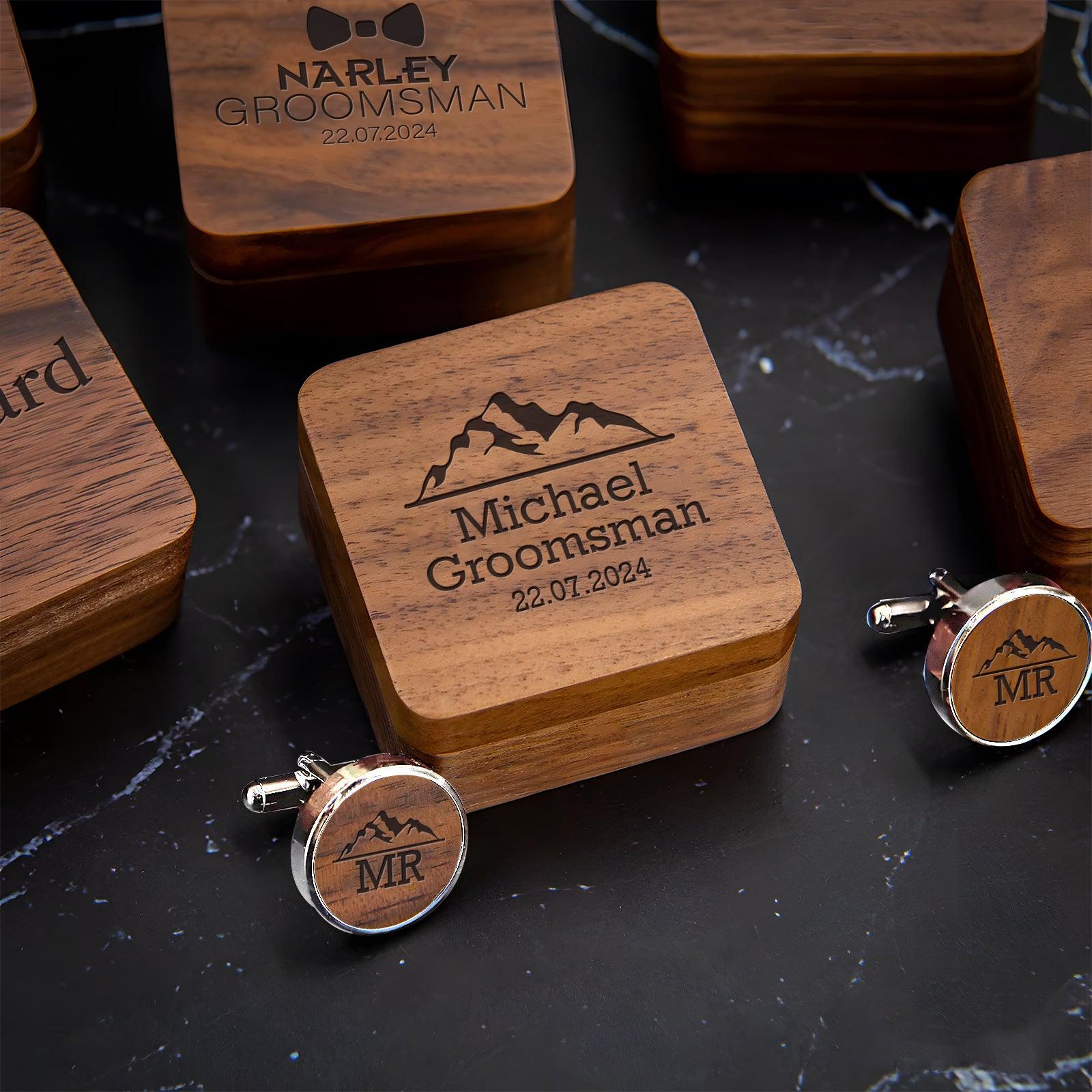 Personalized carved cufflink collar clip wooden box 807769212960 - COCOMELODY
