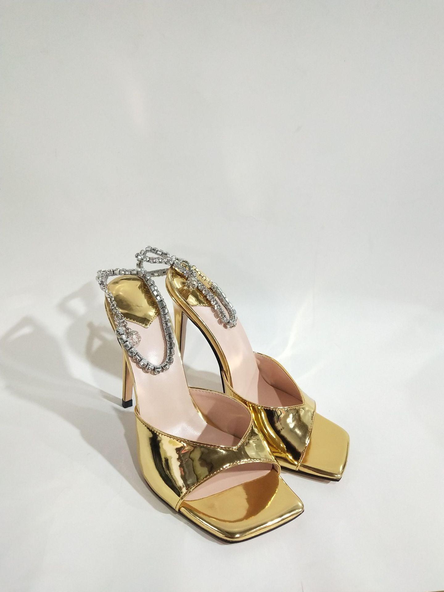 Glitter and Rhinestone Ankle Strap Square Stiletto Heels 695399992506 - COCOMELODY