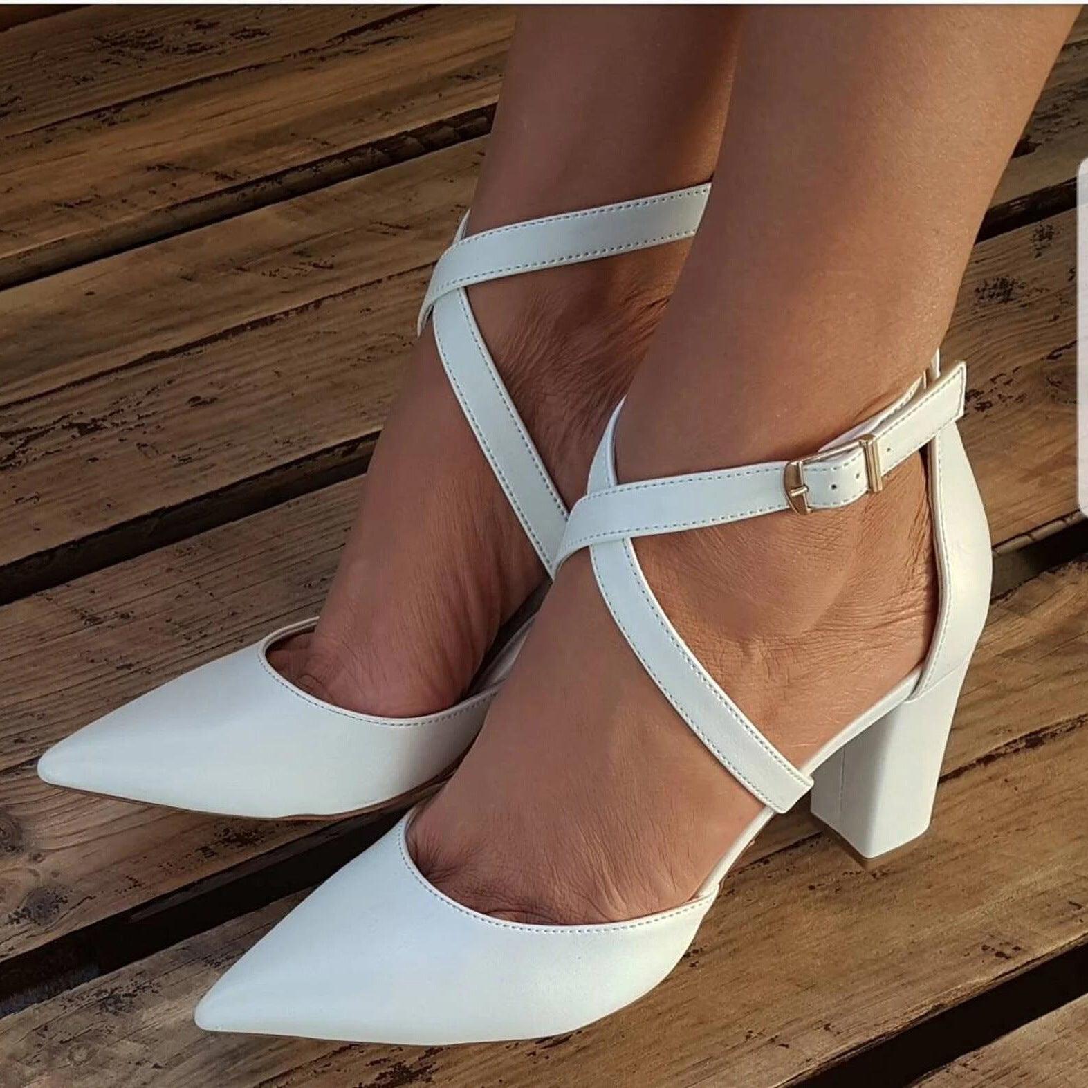 White Cross Pointy Block Heel Sandals 709079195670 - COCOMELODY