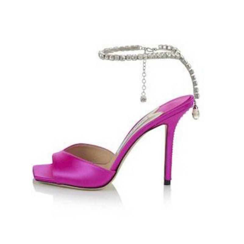 Glitter and Rhinestone Ankle Strap Square Stiletto Heels 695399992506 - COCOMELODY