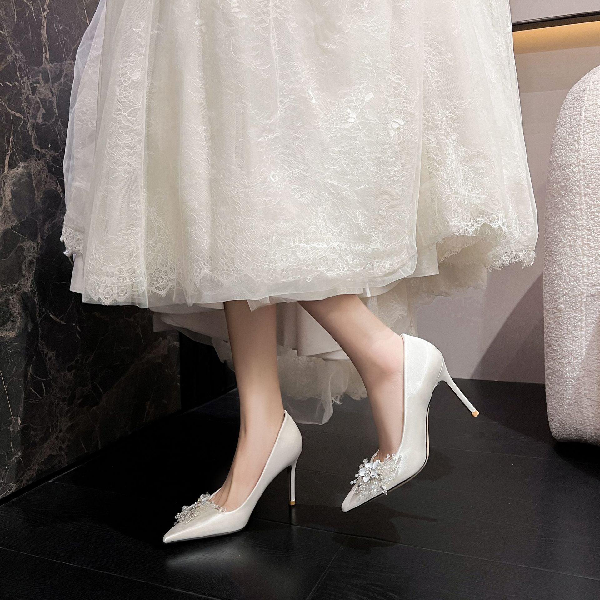 White Satin Crystal Pointy Stiletto Heels 799105157591 - COCOMELODY