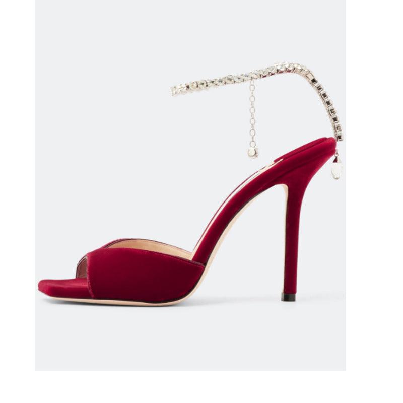 Glitter and Rhinestone Ankle Strap Square Stiletto Heels 695399992506 - COCOMELODY