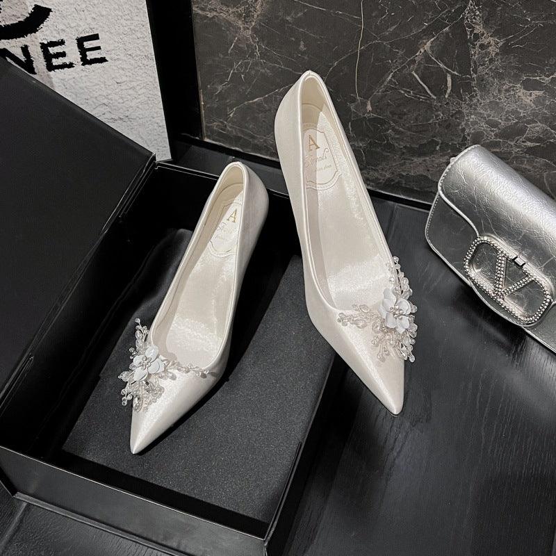 White Satin Crystal Pointy Stiletto Heels 799105157591 - COCOMELODY