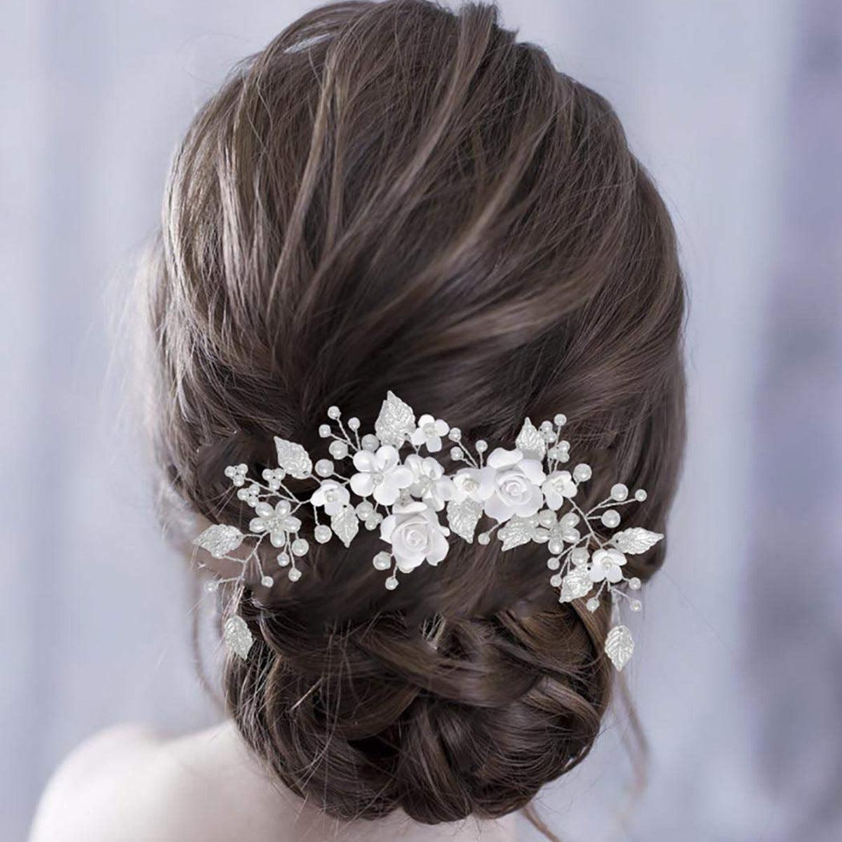 White flowers silver leaf headband Bride wedding Headpieces 739265886585 - COCOMELODY