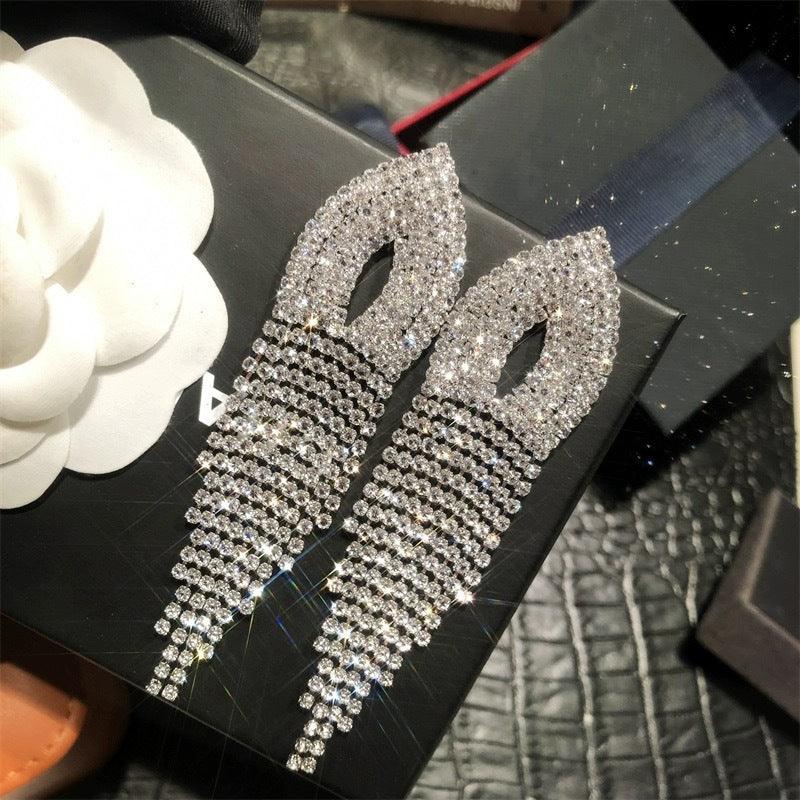 Design sense rhinestone long tassel drop earrings stud ear clips 731781713062 - COCOMELODY