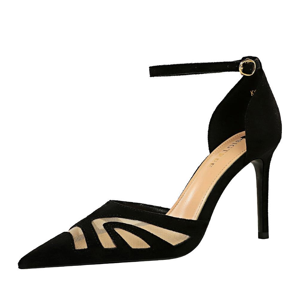 Black Pointy Ankle Strap Stiletto Heels 673900597001 - COCOMELODY