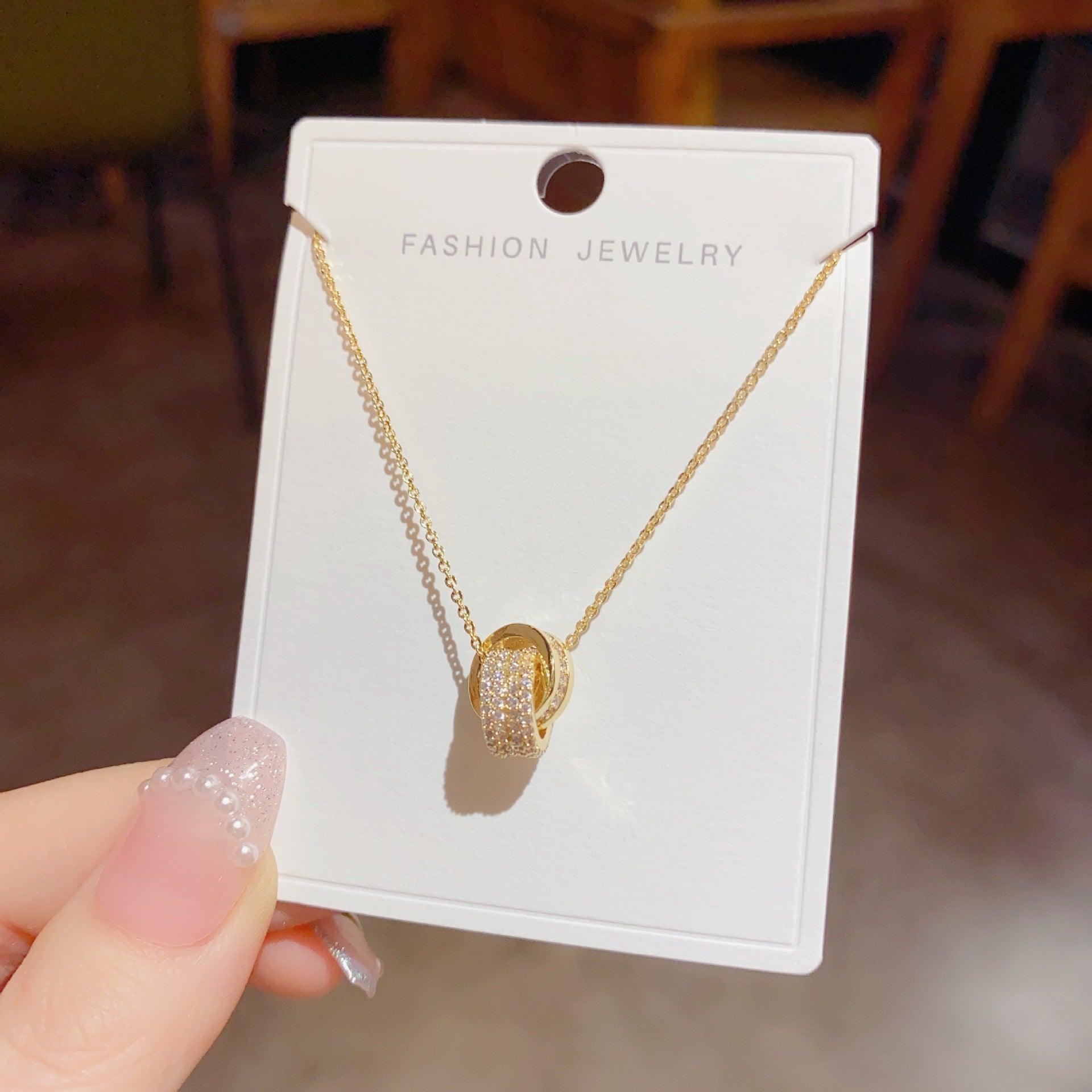 Micro-encrusted zircon intersecting ring necklace double ring buckle 701287105016 - COCOMELODY