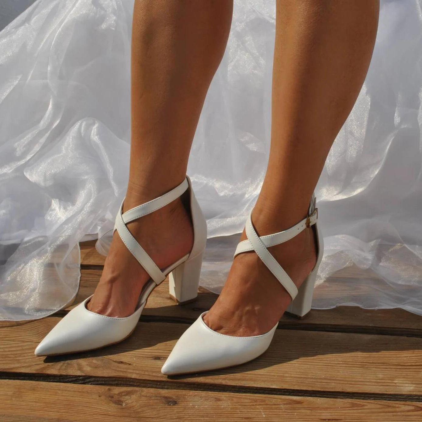White Cross Pointy Block Heel Sandals 709079195670 - COCOMELODY