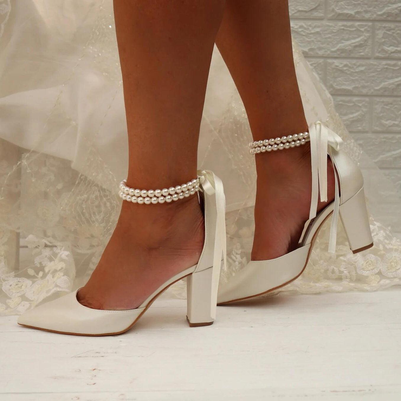 Pearl  white Satin Pointy  Block Heels 708400120081