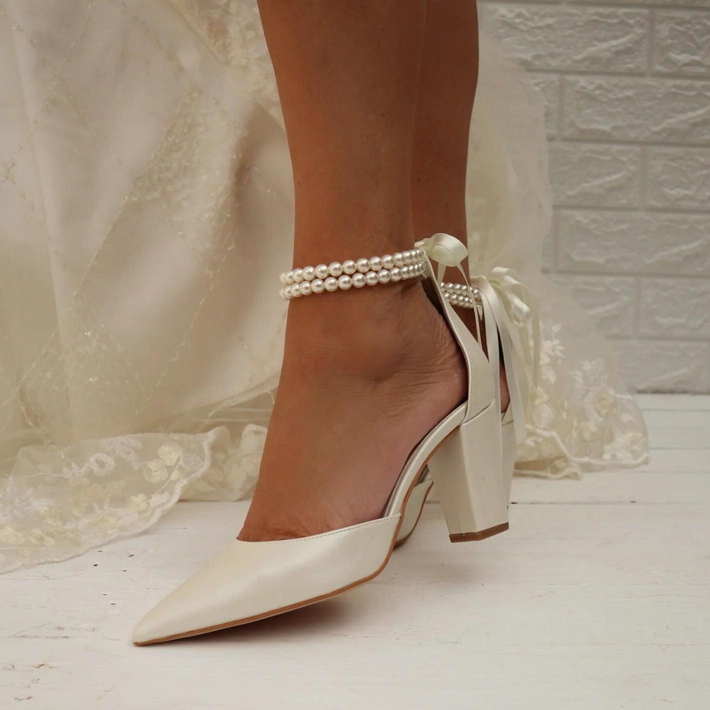 Pearl  white Satin Pointy  Block Heels 708400120081