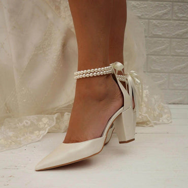 Pearl white Satin Pointy Block Heels 708400120081 - COCOMELODY