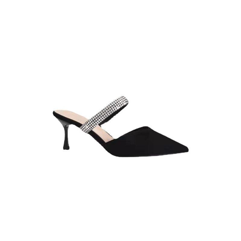 Black Rhinestone Pointy Stiletto heel Sandals 671551594825 - COCOMELODY