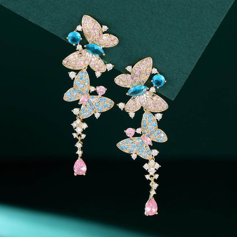 Long butterfly tassel zircon earrings 717866240971 - COCOMELODY
