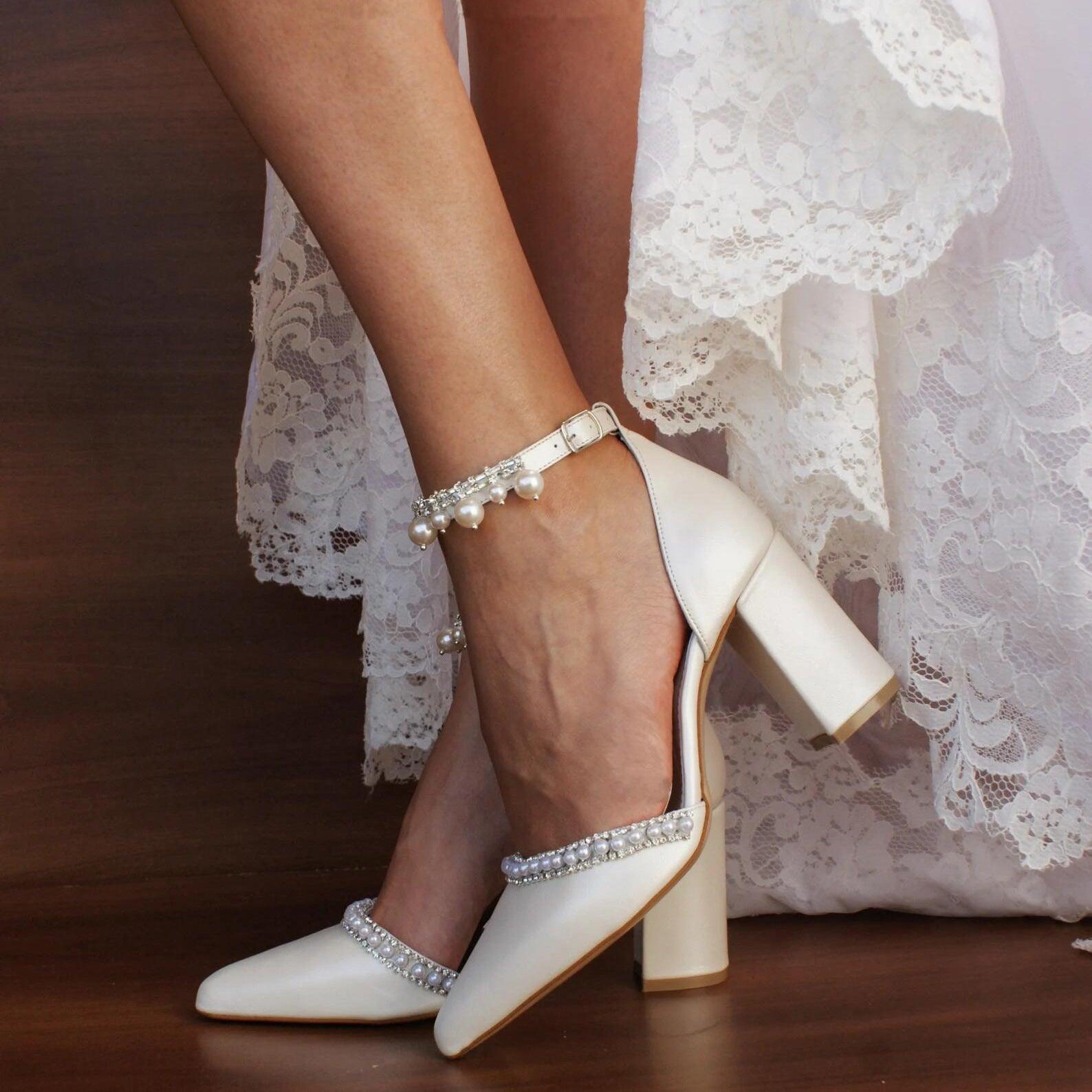 White Pearl Ankle Strap Pointy Block Heels 709119829327 - COCOMELODY