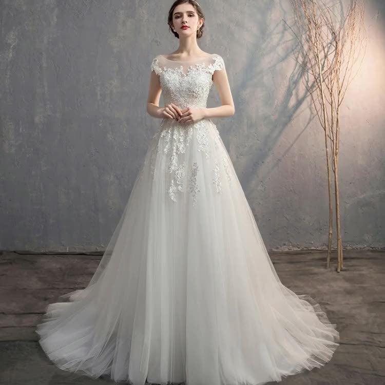 A-Line Sweep-Brush Train Lace Tulle Wedding Dress 774150163562 - COCOMELODY