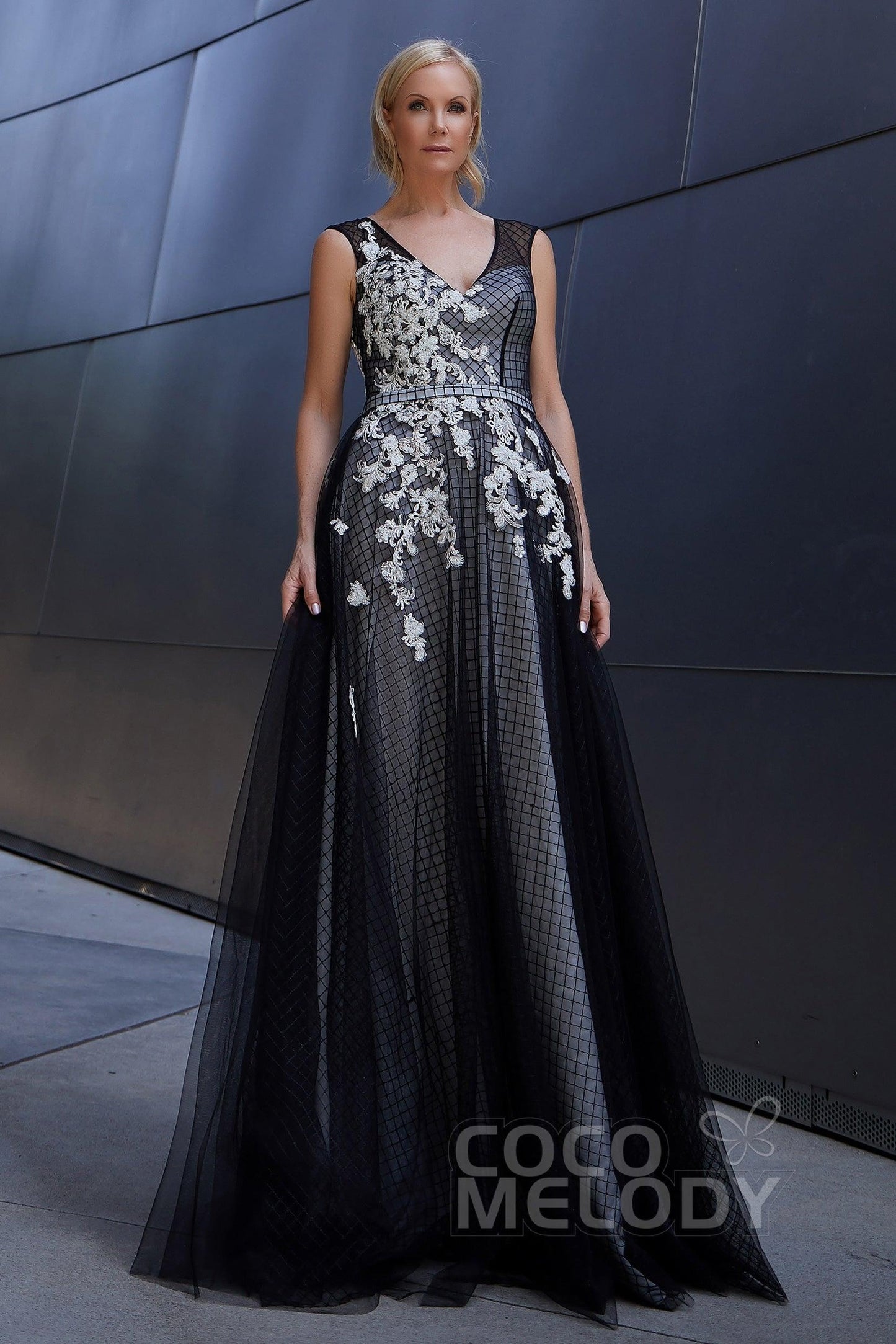 A-Line Floor Length Tulle and Lace Dress PR3610CR - COCOMELODY