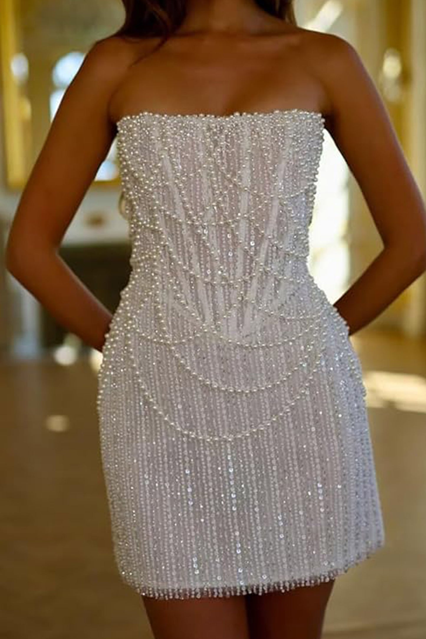 Sheath-Column Strapless Short Pearls Sequin Dress CS1075