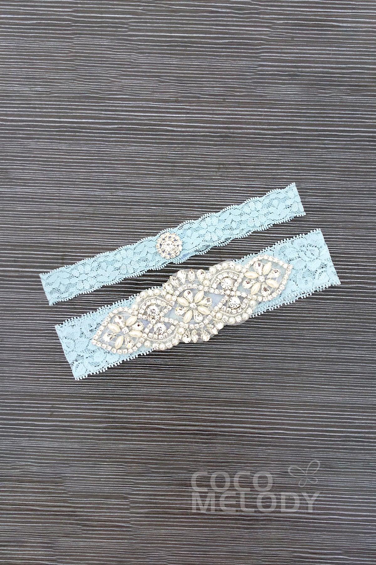 Lace Wedding Garter with Diamond and Pearls WD17019 - COCOMELODY