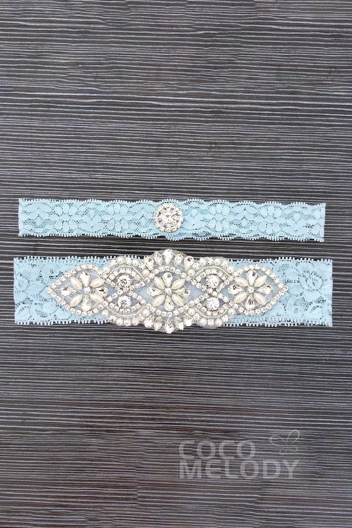 Lace Wedding Garter with Diamond and Pearls WD17019 - COCOMELODY
