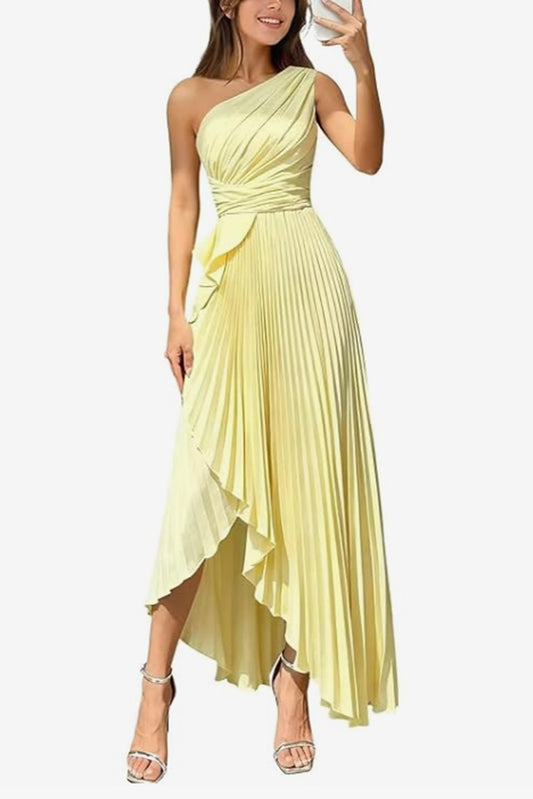 2026 A Line Asymmetrical Satin Maxi Wedding Guest Dresses One Shoulder Pleated Wedding Party Dress COCOMELODY CS1076