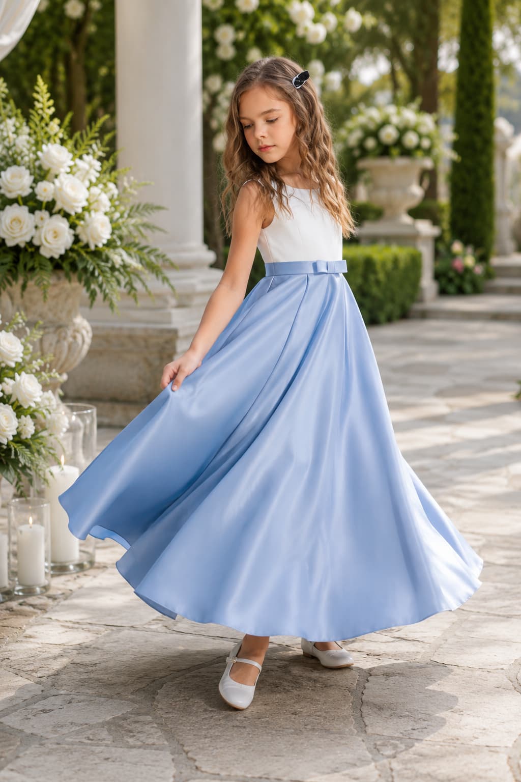 Flower Girl Dresses Satin V-Back Bow Straps Floor Length Wedding Gown 1058875849330