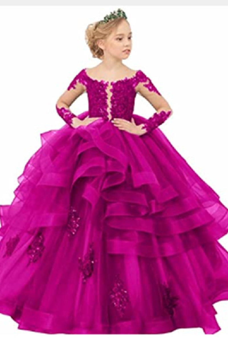 A-Line Off The Shoulder Long Sleeve Tulle Floor Length Flower Girl Dresses 617925271837