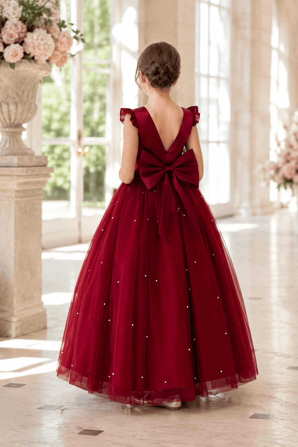 Romantic Tulle with Bow Back Pearl Accents Flower Girl Dresses 1029322248393 - 7 Days / Burgundy / 100cm - COCOMELODY