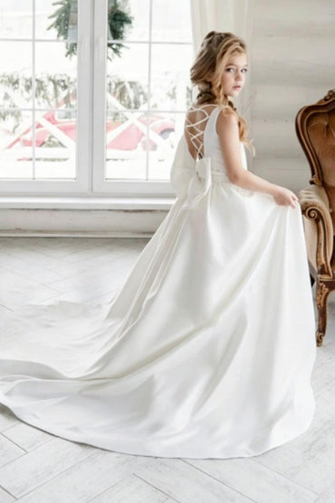 Minimalist Satin Sleeveless Round Neck Flower Girl Dresses 779231096182 - 7 Days / White / 2 - COCOMELODY