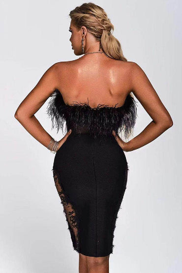 Bodice feather lace cutout mesh sheath hip bandage cocktail dress 738287275067 - COCOMELODY
