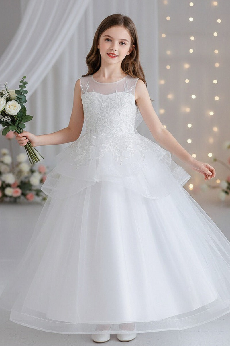 A-Line Illusion Neck Floor Length Tulle Organza Flower Girl Dresses 1062135888325