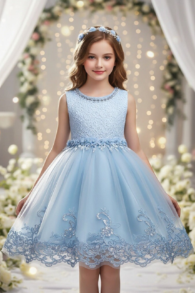 A-Line Round Neck Sleeveless Lace Short Tulle Knee Length Flower Girl Dresses 1029768430343