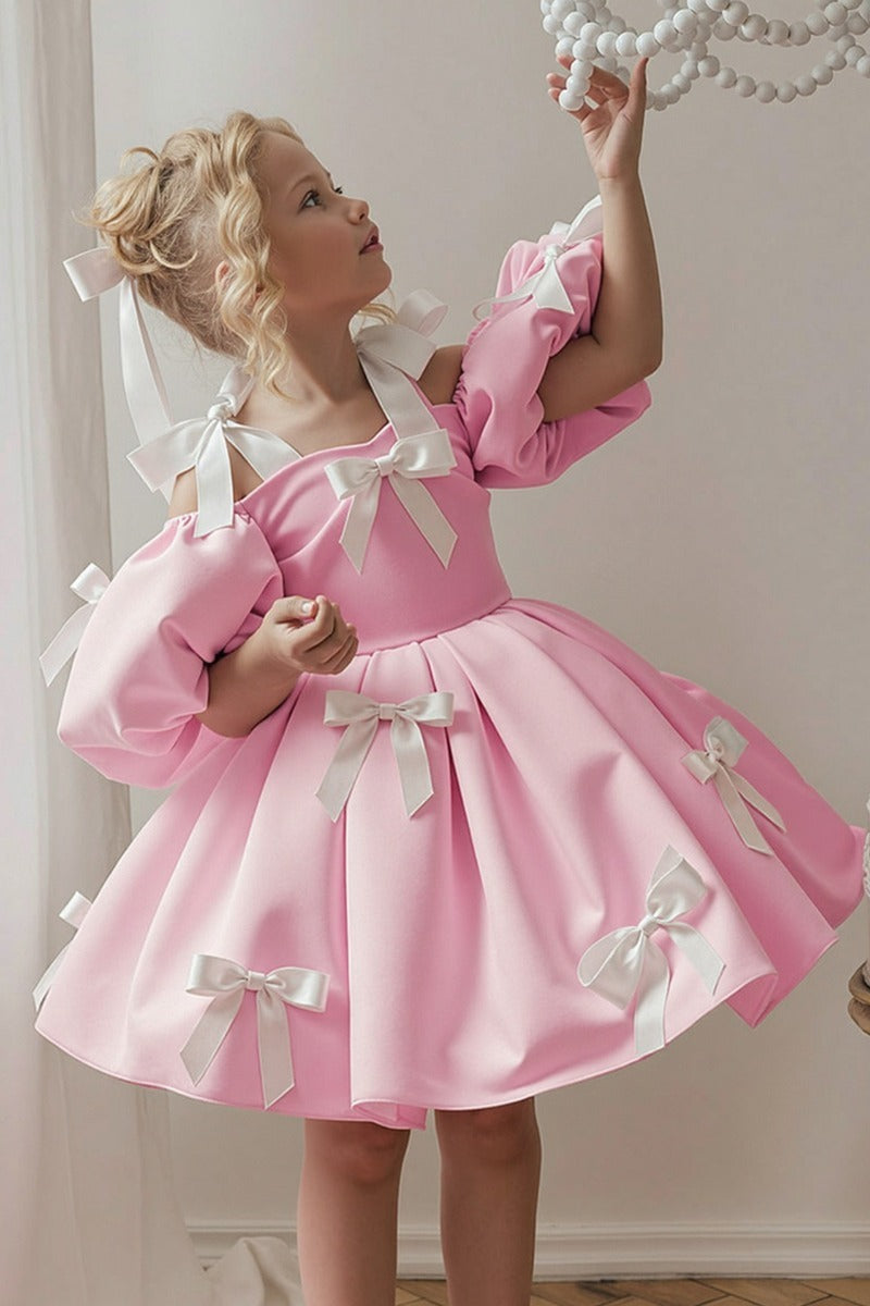 Sweet Satin Cold Shoulder Puff Sleeves Bow Details Flower Girl Dresses 994215152061