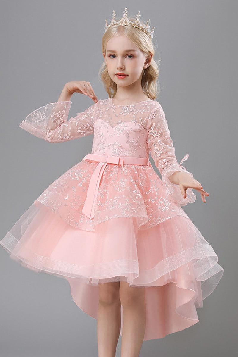 A-Line Scoop Neck Long Sleeve High-Low Tulle Flower Girl Dresses 732392319918 - COCOMELODY